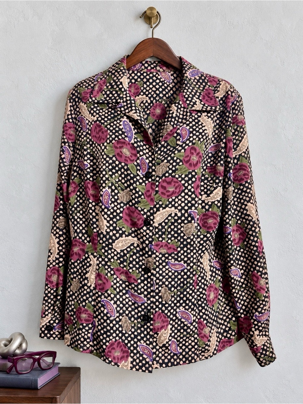 Vintage 90s Plum Floral Paisley Button Down Blouse Dark Academia L